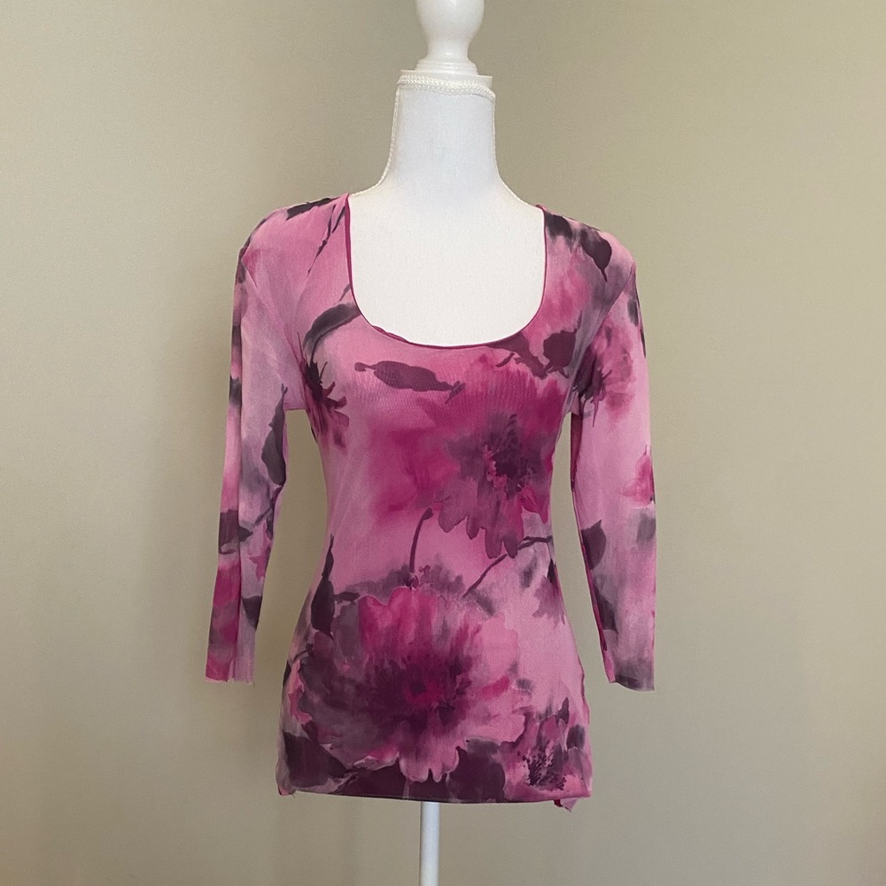 Fuchsia, Floral, Scoop-Neck Top with Cutout Triangle Back